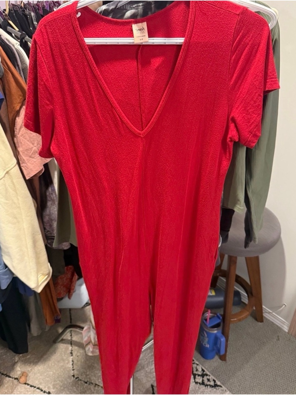 Smash + Tess Red V-Neck Women's Jumpsuit short sleeve
